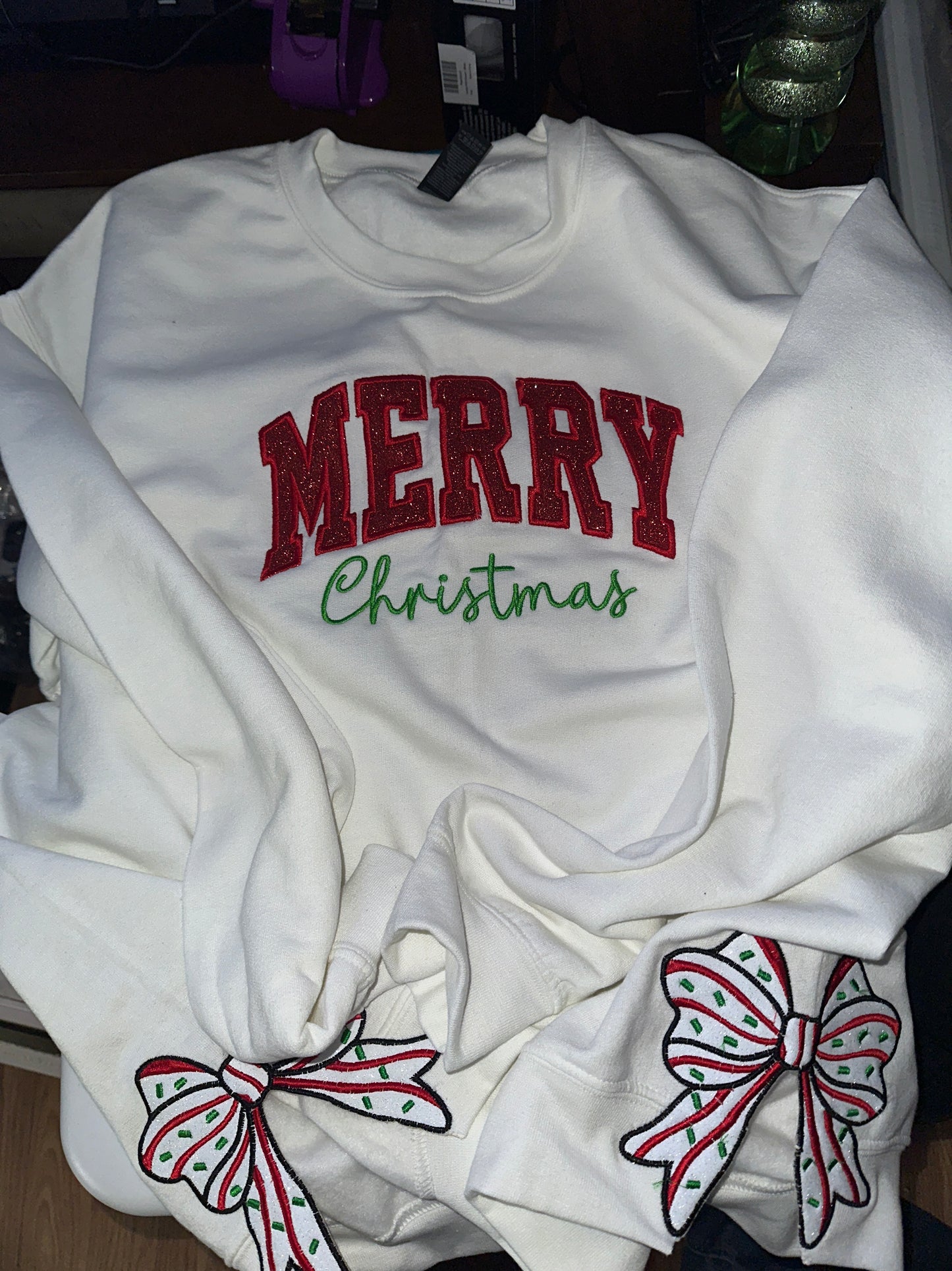 Merry Christmas Embroidered Sweatshirt with Side Bow