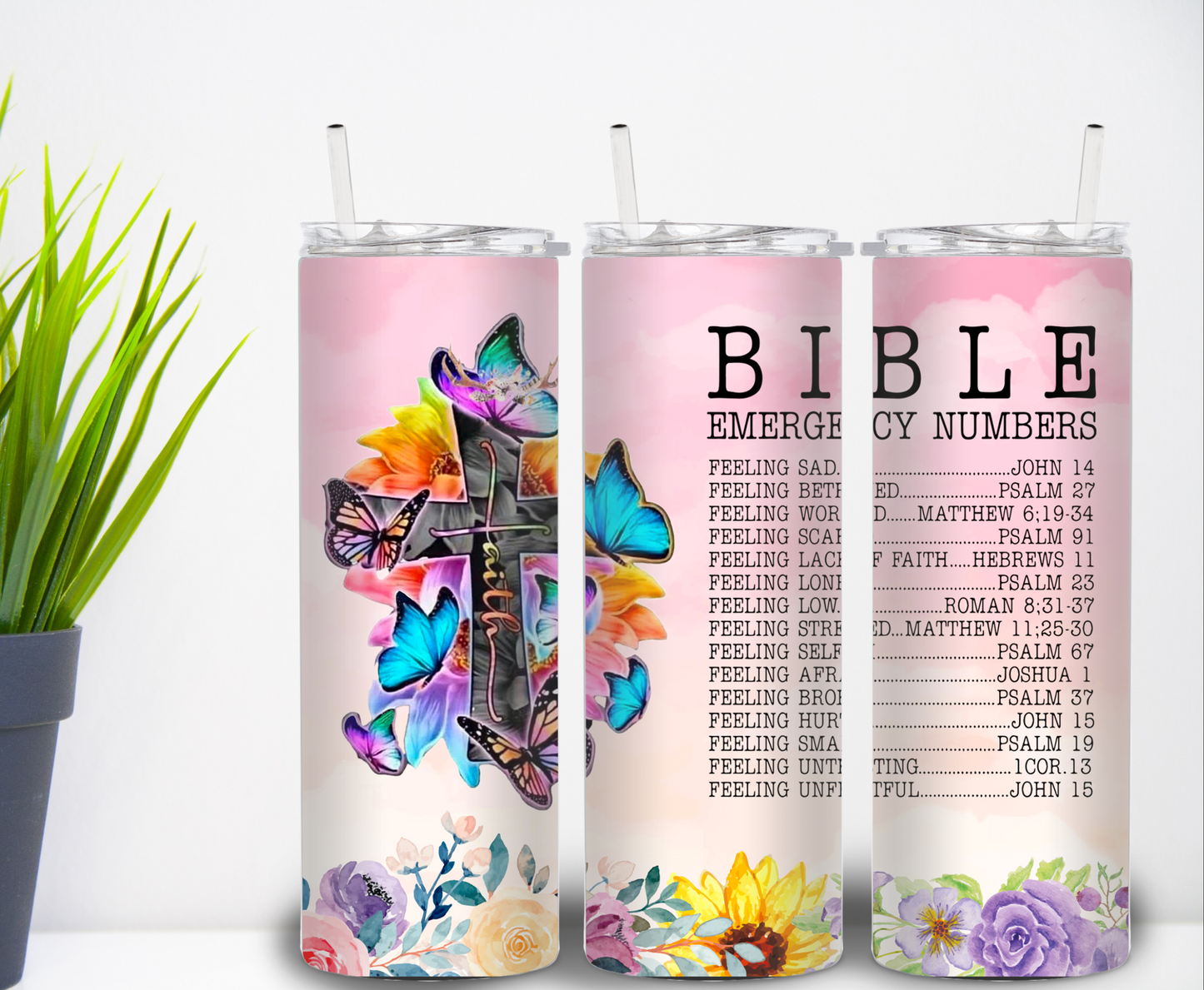 20oz Bible Emergency Numbers Stainless Steel Tumbler with Lid and Straw